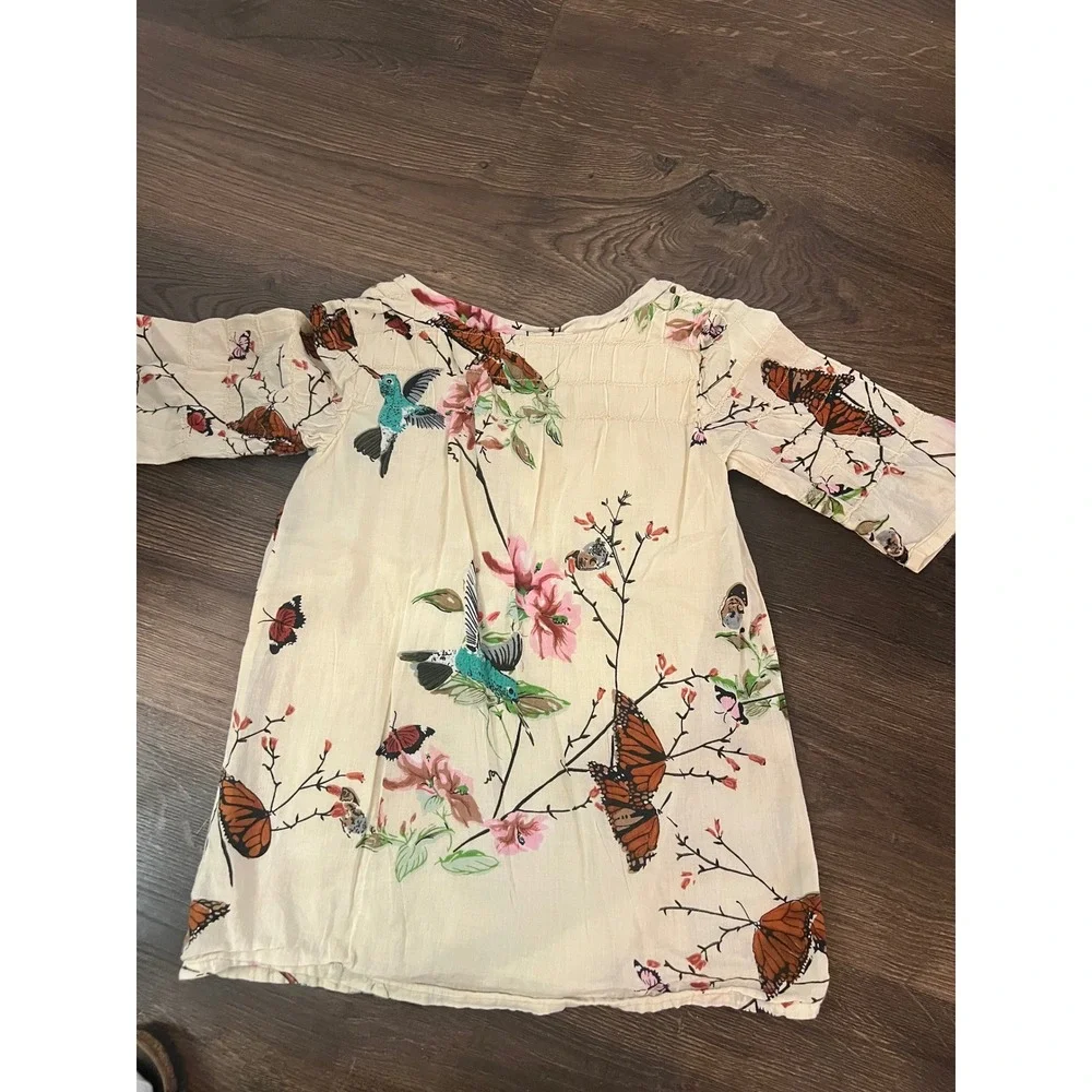Peek Kids Girls Cream Hummingbird Butterfly Floral Cotton Tunic Dress Size 4-5